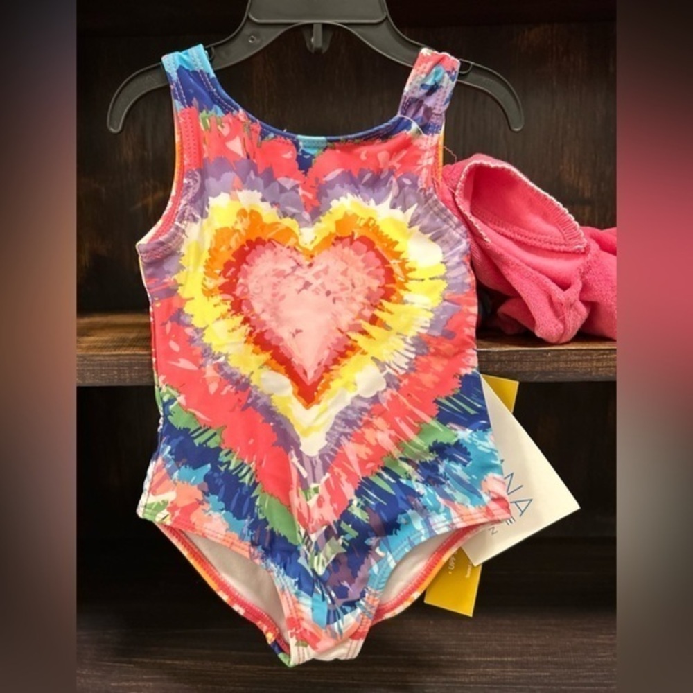 NWT Girls Tye Dye Heart Bathing Suit with Hot Pink Cover Up | 2T